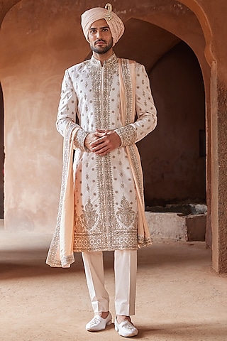 Blush Pink Taffeta Silk Embroidered Sherwani Set by NITIKA GUJRAL MEN