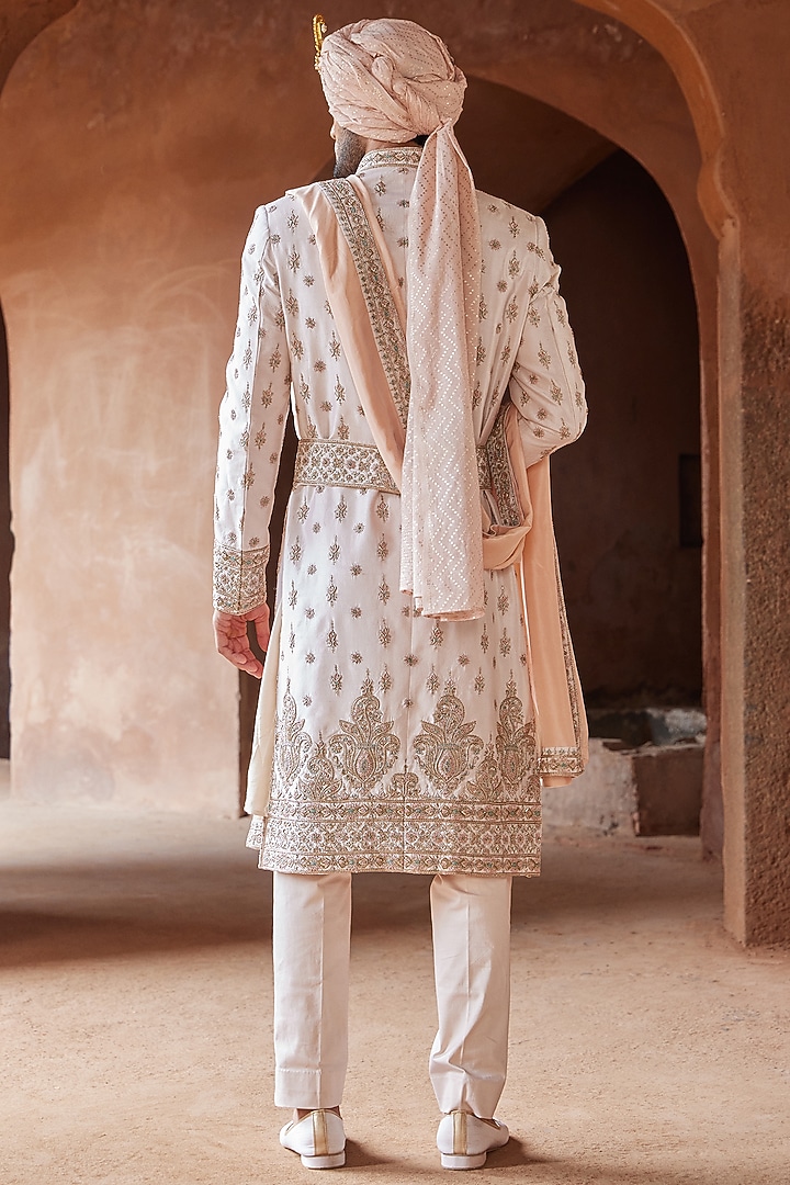 Blush Pink Taffeta Silk Embroidered Groom Sherwani Set by NITIKA GUJRAL MEN at Pernia's Pop Up Shop