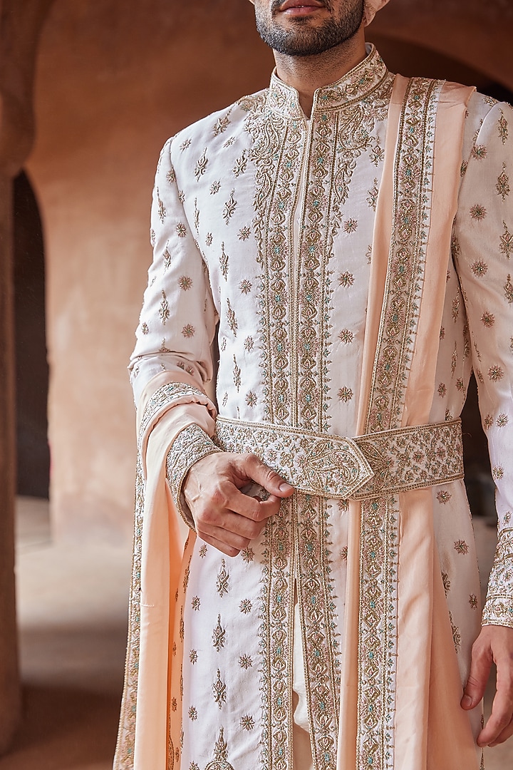 Blush Pink Taffeta Silk Embroidered Groom Sherwani Set by NITIKA GUJRAL MEN at Pernia's Pop Up Shop