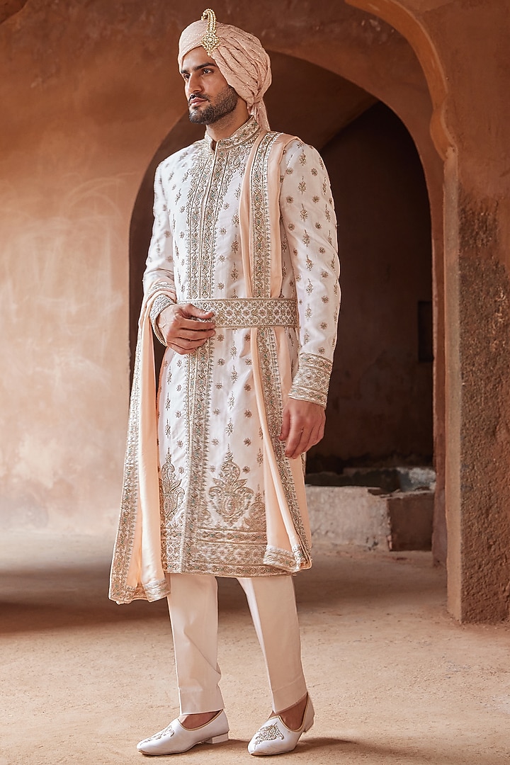 Blush Pink Taffeta Silk Embroidered Groom Sherwani Set by NITIKA GUJRAL MEN at Pernia's Pop Up Shop