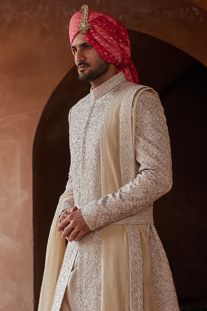 Ivory Raw Silk Embroidered Groom Sherwani Set by NITIKA GUJRAL MEN at Pernia's Pop Up Shop