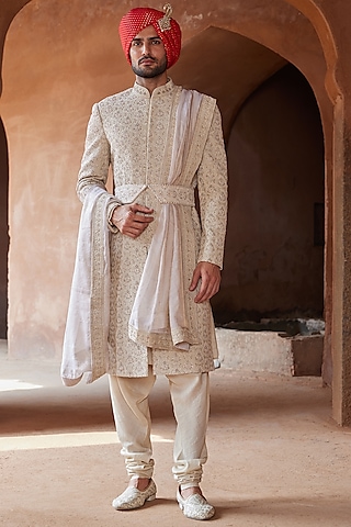 Light Beige Raw Silk Embroidered Sherwani Set by NITIKA GUJRAL MEN