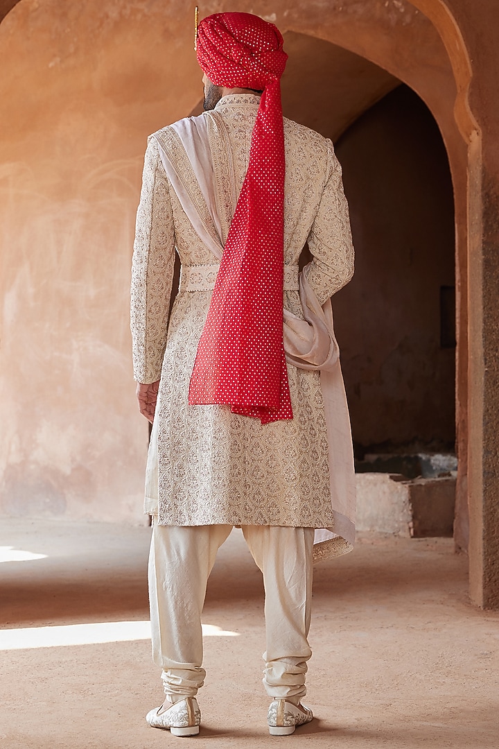 Light Beige Raw Silk Embroidered Groom Sherwani Set by NITIKA GUJRAL MEN at Pernia's Pop Up Shop