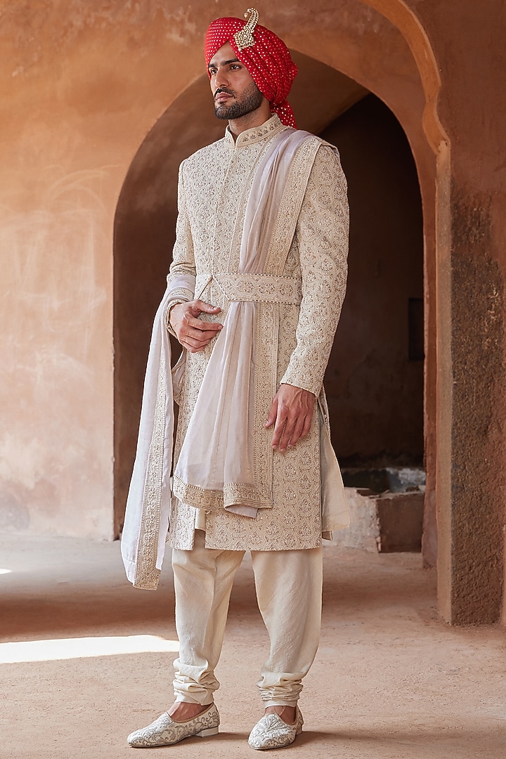 Light Beige Raw Silk Embroidered Groom Sherwani Set by NITIKA GUJRAL MEN at Pernia's Pop Up Shop
