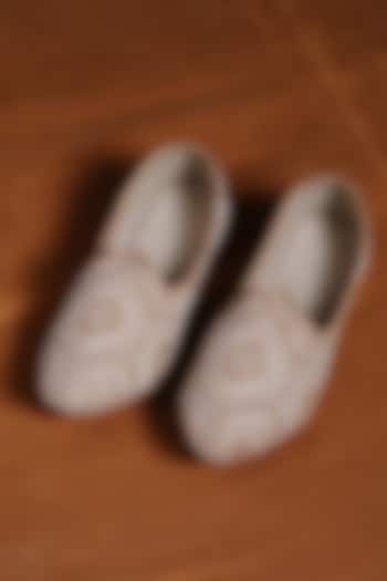 Mustard Raw Silk & Leather Embroidered Juttis by NITIKA GUJRAL MEN at Pernia's Pop Up Shop