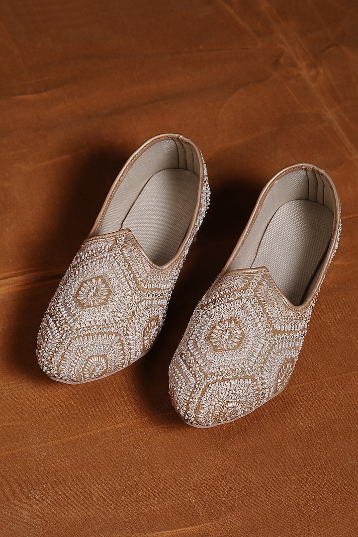 Mustard Raw Silk & Leather Embroidered Juttis by NITIKA GUJRAL MEN at Pernia's Pop Up Shop