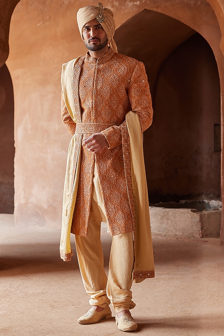 Beige Silk Embroidered Stole With Belt by NITIKA GUJRAL MEN at Pernia's Pop Up Shop