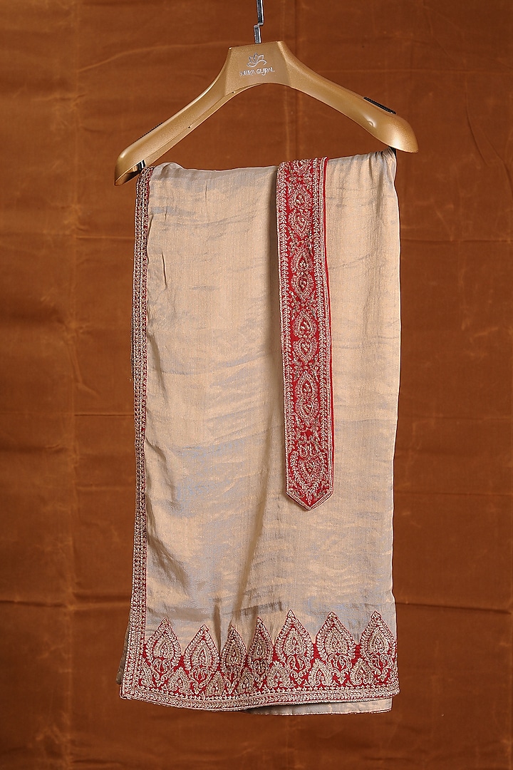 Beige Tissue Embroidered Stole With Belt by NITIKA GUJRAL MEN