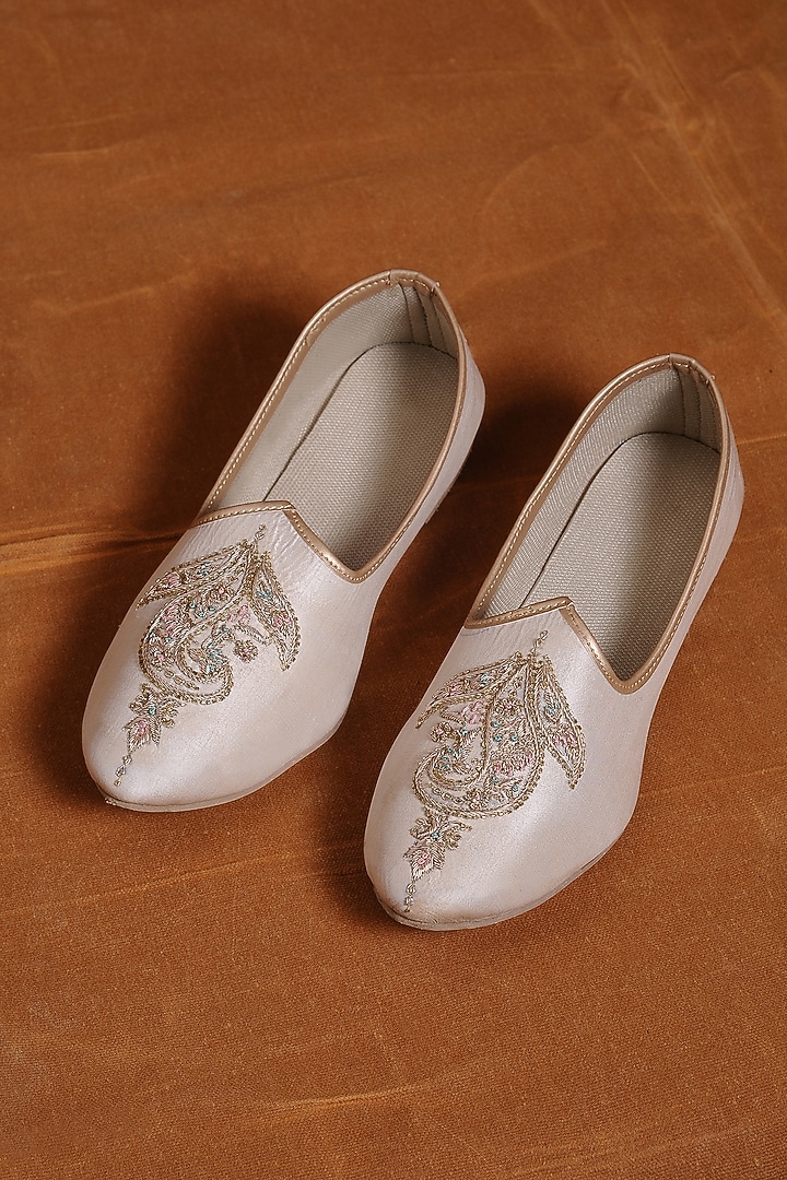 Blush Pink Raw Silk Embroidered Juttis by NITIKA GUJRAL MEN at Pernia's Pop Up Shop