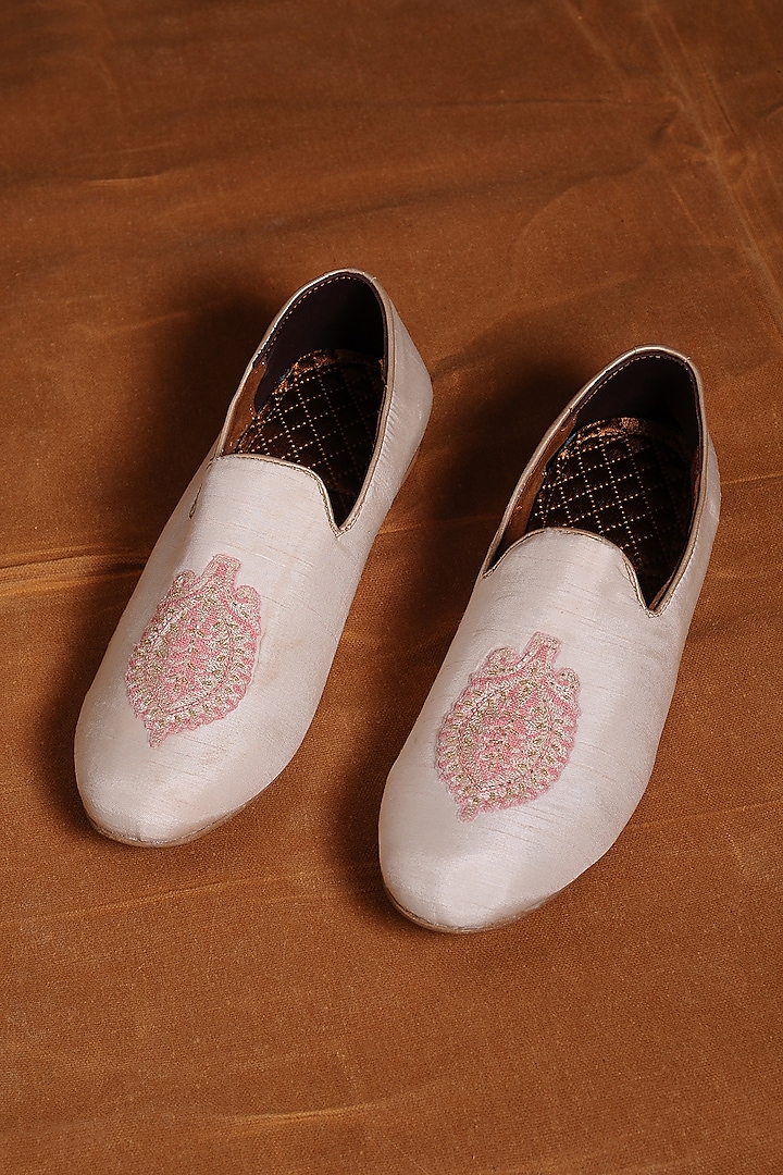 Blush Pink Raw Silk & Leather Embroidered Loafers by NITIKA GUJRAL MEN at Pernia's Pop Up Shop
