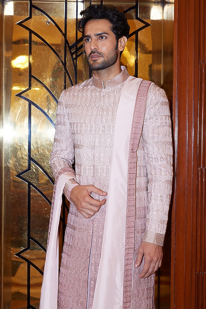 Mulberry Ombre Raw Silk Crystal Embroidered Groom Sherwani Set by NITIKA GUJRAL MEN at Pernia's Pop Up Shop