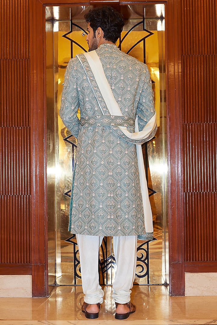 Sage Green Matka Silk Resham Embroidered Groom Sherwani Set by NITIKA GUJRAL MEN at Pernia's Pop Up Shop