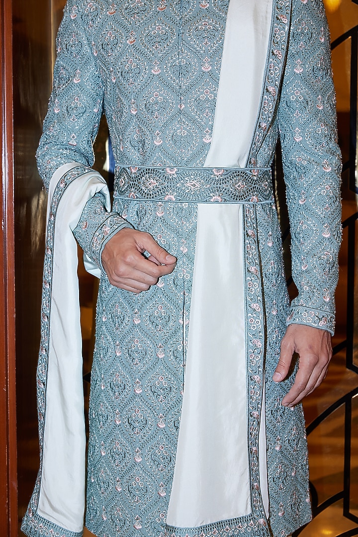 Sage Green Matka Silk Resham Embroidered Groom Sherwani Set by NITIKA GUJRAL MEN at Pernia's Pop Up Shop