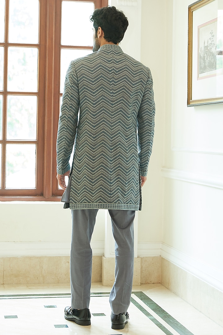 Pewter Grey Matka Silk Resham Embroidered Groom Sherwani Set by NITIKA GUJRAL MEN at Pernia's Pop Up Shop