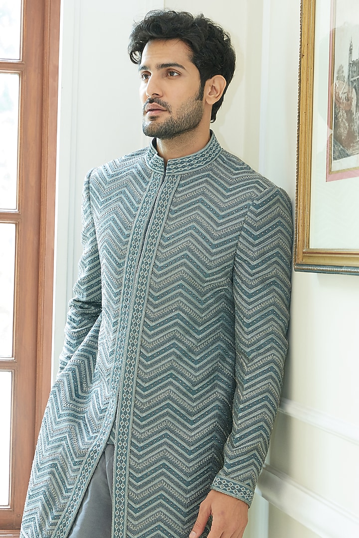 Pewter Grey Matka Silk Resham Embroidered Groom Sherwani Set by NITIKA GUJRAL MEN at Pernia's Pop Up Shop