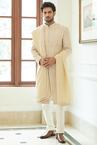 Peach Dupion Silk Dori Embroidered Sherwani Set by NITIKA GUJRAL MEN