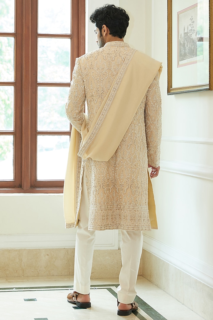 Peach Dupion Silk Dori Embroidered Groom Sherwani Set by NITIKA GUJRAL MEN at Pernia's Pop Up Shop