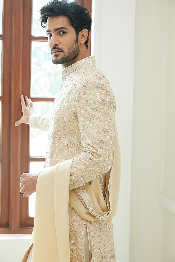 Peach Dupion Silk Dori Embroidered Groom Sherwani Set by NITIKA GUJRAL MEN at Pernia's Pop Up Shop