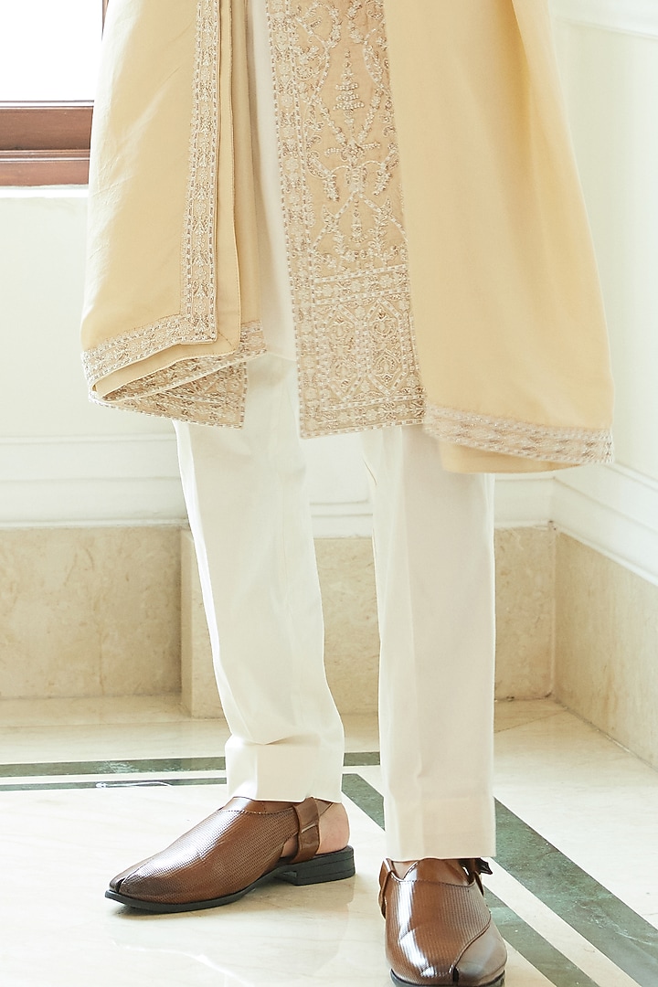 Peach Dupion Silk Dori Embroidered Groom Sherwani Set by NITIKA GUJRAL MEN at Pernia's Pop Up Shop
