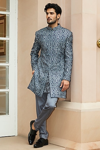Royal Blue Matka Silk Resham Embroidered Sherwani Set by NITIKA GUJRAL MEN