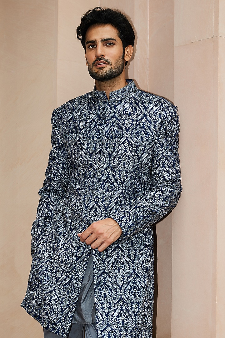 Royal Blue Matka Silk Resham Embroidered Groom Sherwani Set by NITIKA GUJRAL MEN at Pernia's Pop Up Shop