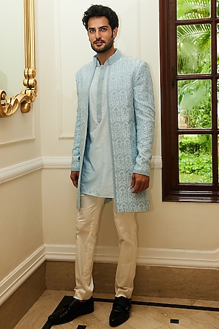 Powder Blue Raw Silk Resham Embroidered Indo-Western Set by NITIKA GUJRAL MEN