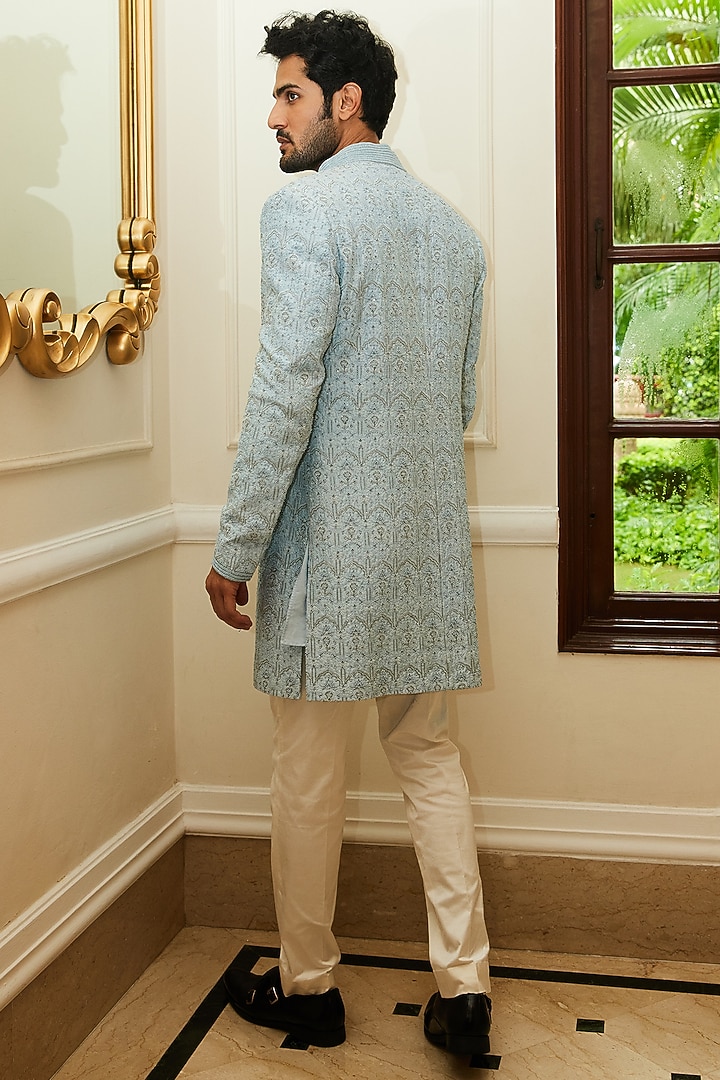 Powder Blue Raw Silk Resham Embroidered Indo-Western Set by NITIKA GUJRAL MEN at Pernia's Pop Up Shop