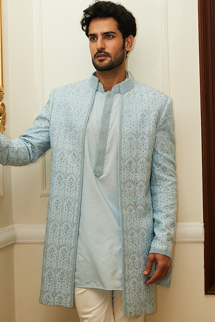 Powder Blue Raw Silk Resham Embroidered Indo-Western Set by NITIKA GUJRAL MEN at Pernia's Pop Up Shop