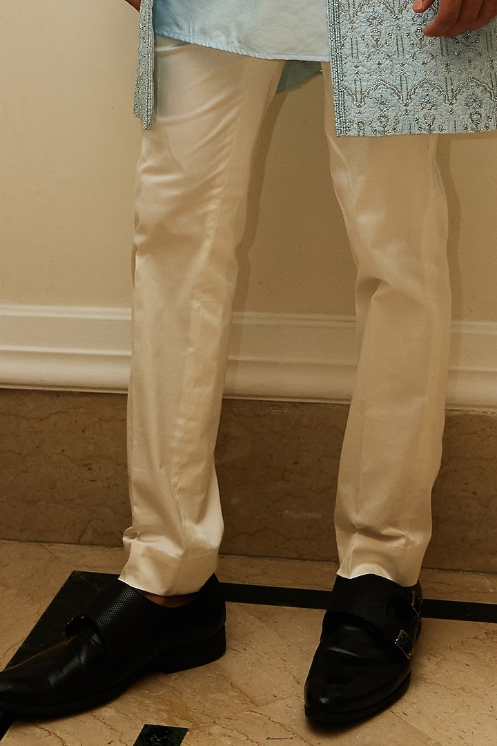 Powder Blue Raw Silk Resham Embroidered Indo-Western Set by NITIKA GUJRAL MEN at Pernia's Pop Up Shop