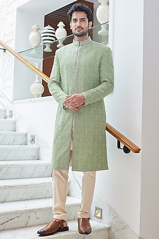 Mint Green Raw Silk Resham & Beads Embroidered Sherwani Set by NITIKA GUJRAL MEN