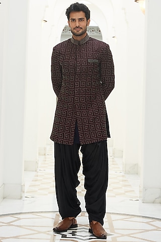 Burgundy Raw Silk Resham & Beads Embroidered Sherwani Set by NITIKA GUJRAL MEN