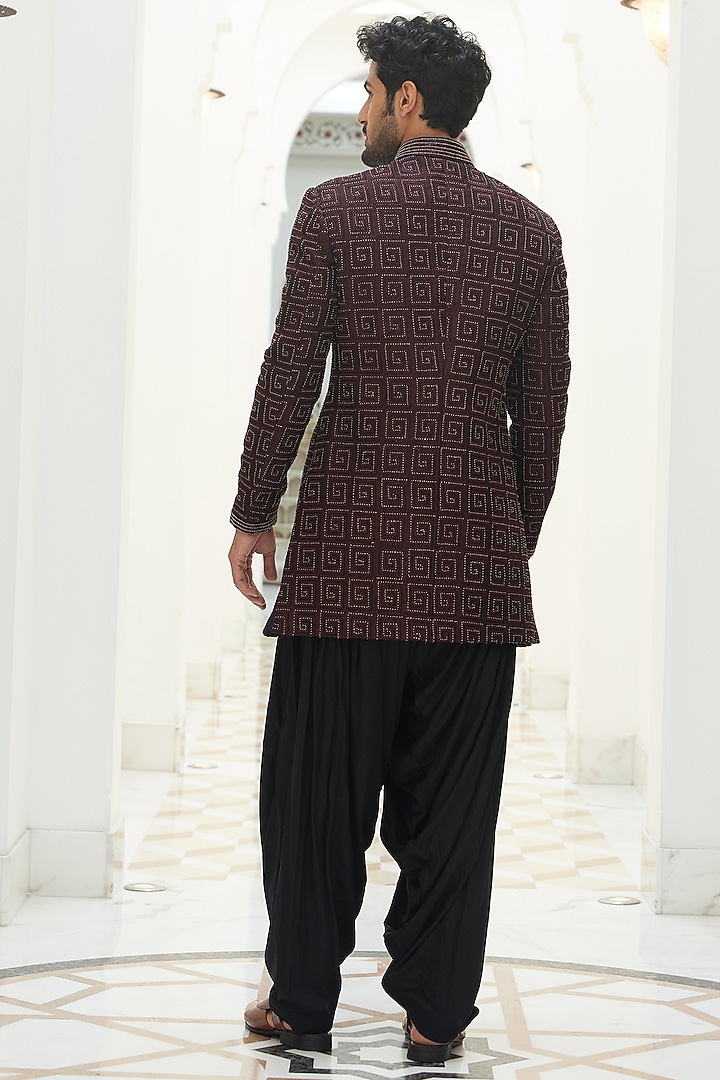 Burgundy Raw Silk Resham & Beads Embroidered Groom Sherwani Set by NITIKA GUJRAL MEN at Pernia's Pop Up Shop