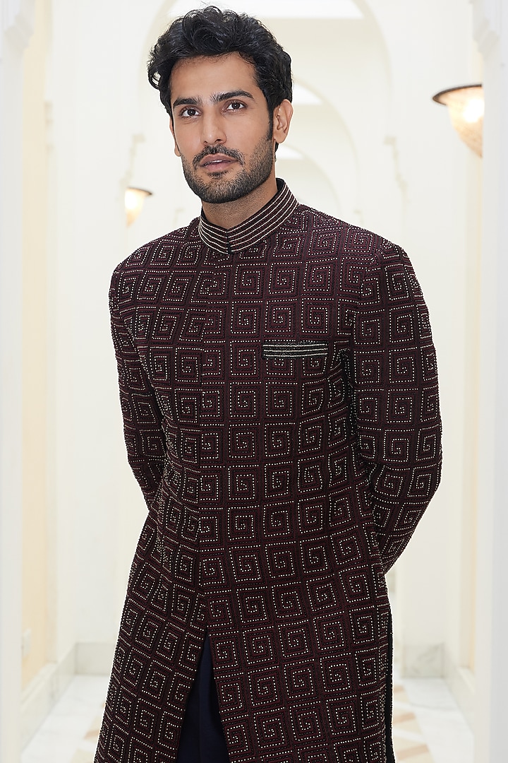 Burgundy Raw Silk Resham & Beads Embroidered Groom Sherwani Set by NITIKA GUJRAL MEN at Pernia's Pop Up Shop