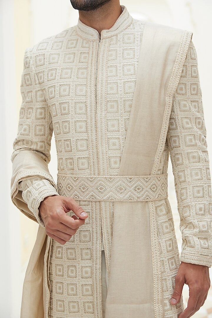Cream Raw Silk Dabka & Sequins Embroidered Groom Sherwani Set by NITIKA GUJRAL MEN at Pernia's Pop Up Shop