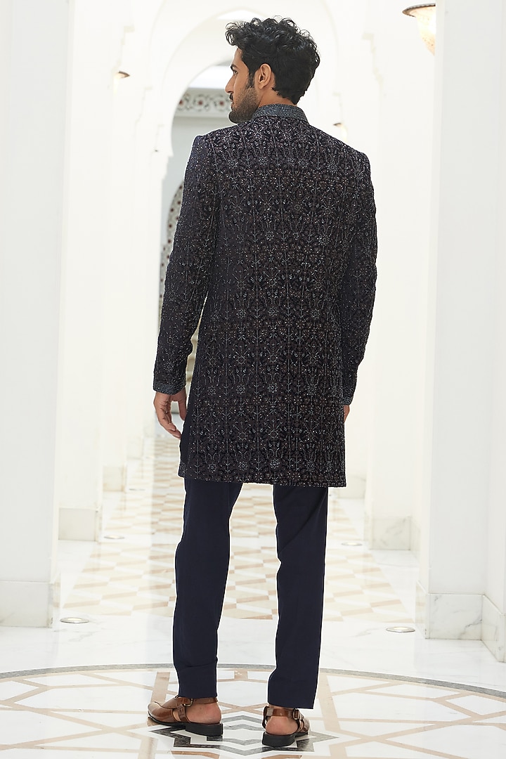 Midnight Blue Velvet Beads Embroidered Groom Sherwani Set by NITIKA GUJRAL MEN at Pernia's Pop Up Shop