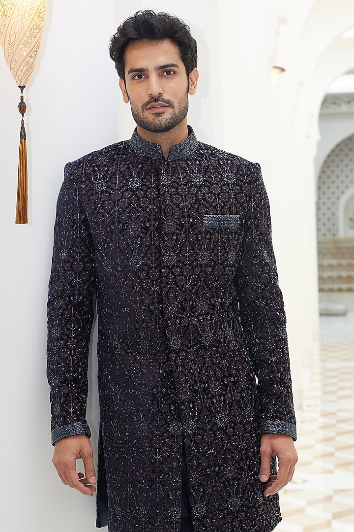 Midnight Blue Velvet Beads Embroidered Groom Sherwani Set by NITIKA GUJRAL MEN at Pernia's Pop Up Shop