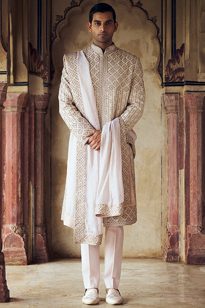 Blush Raw Silk Bead & Dabka Embroidered Sherwani Set by NITIKA GUJRAL MEN