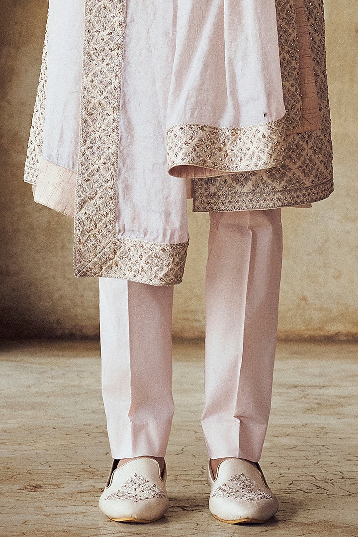Blush Raw Silk Bead & Dabka Embroidered Groom Sherwani Set by NITIKA GUJRAL MEN at Pernia's Pop Up Shop