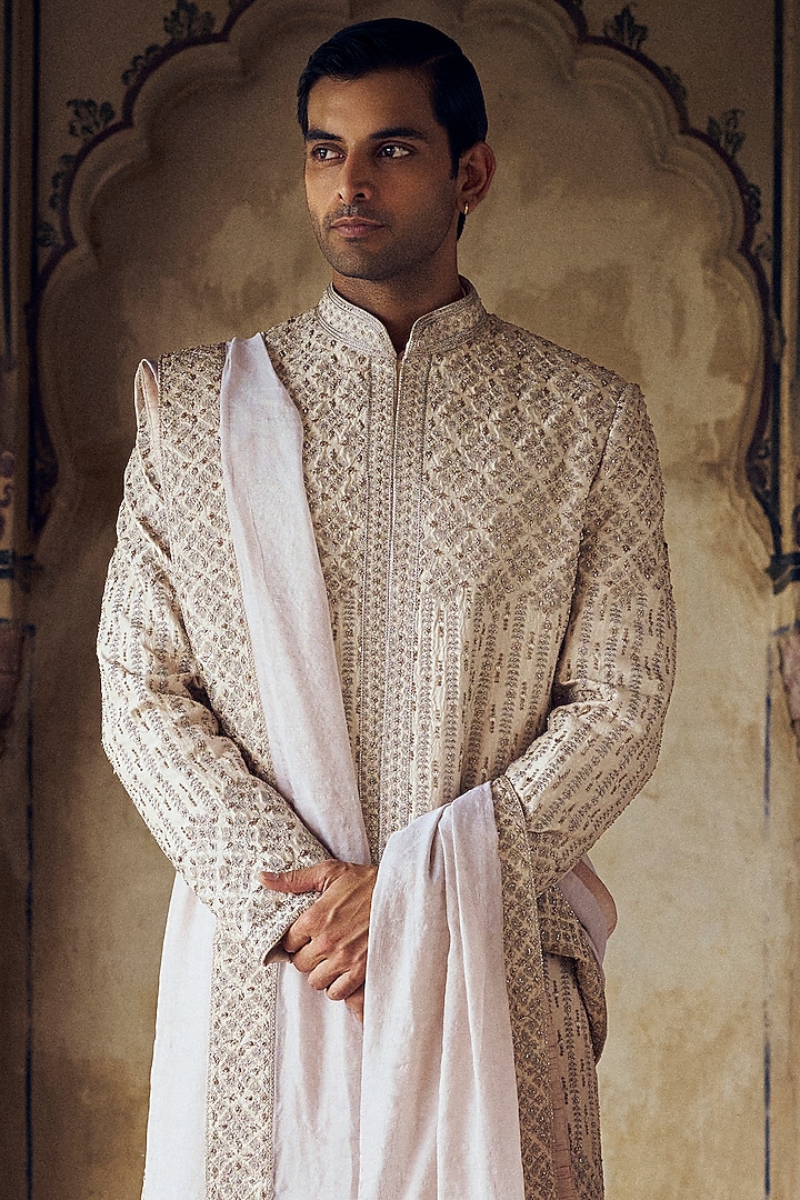 Blush Raw Silk Bead & Dabka Embroidered Groom Sherwani Set by NITIKA GUJRAL MEN at Pernia's Pop Up Shop