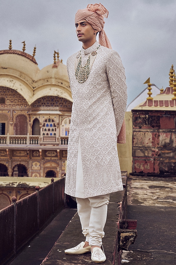 Nude Raw Silk Zari Work & Dabka Embroidered Groom Sherwani Set by NITIKA GUJRAL MEN at Pernia's Pop Up Shop