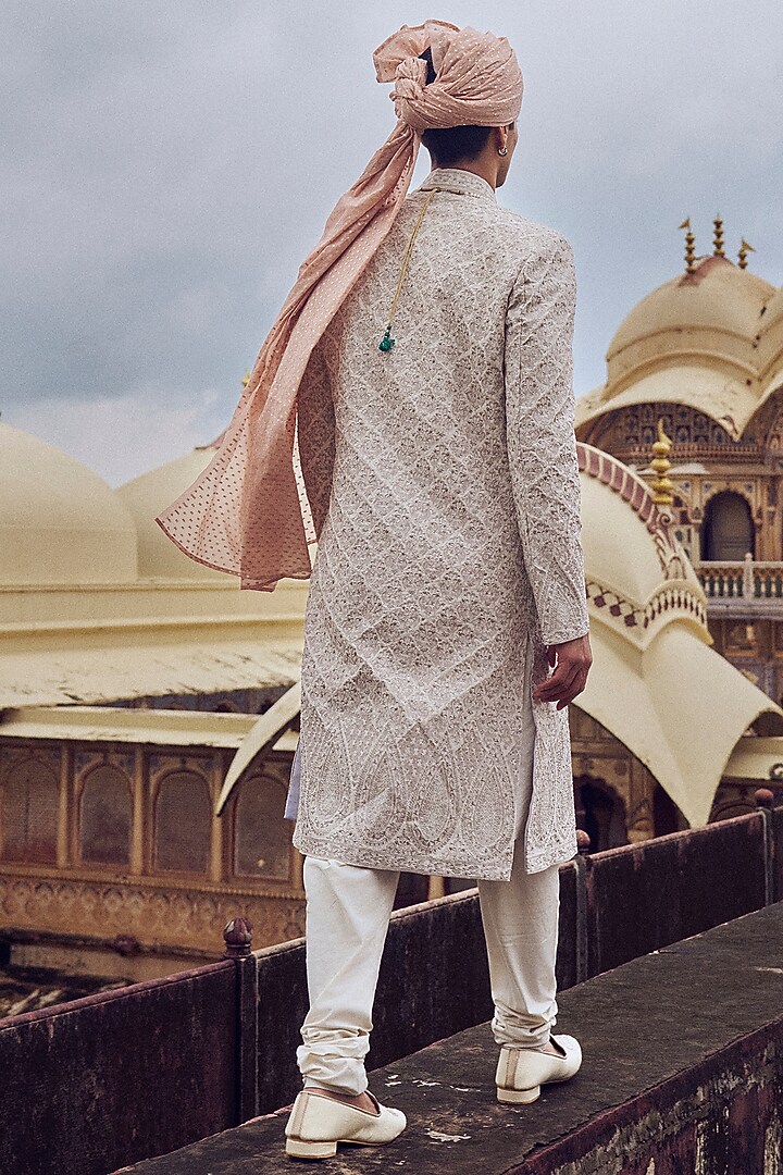 Nude Raw Silk Zari Work & Dabka Embroidered Groom Sherwani Set by NITIKA GUJRAL MEN at Pernia's Pop Up Shop