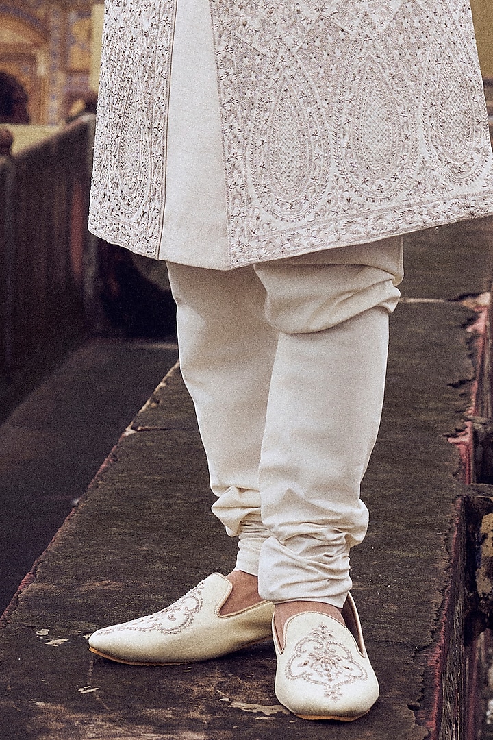 Nude Raw Silk Zari Work Dabka Embroidered Groom Sherwani Set by