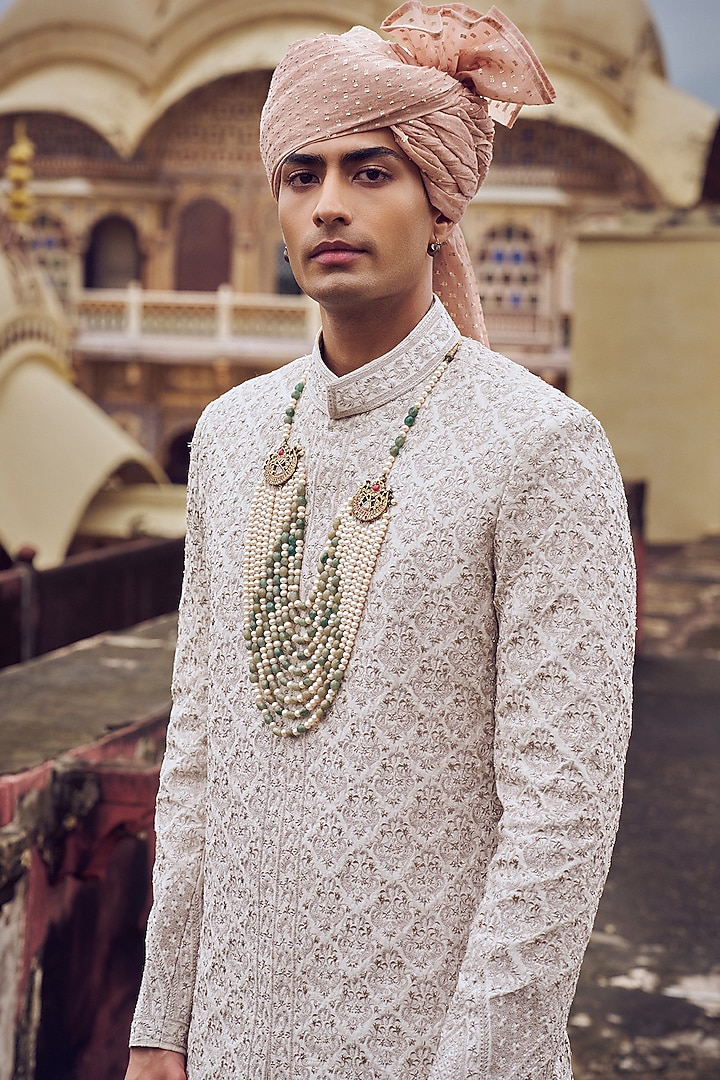 Nude Raw Silk Zari Work & Dabka Embroidered Groom Sherwani Set by NITIKA GUJRAL MEN at Pernia's Pop Up Shop