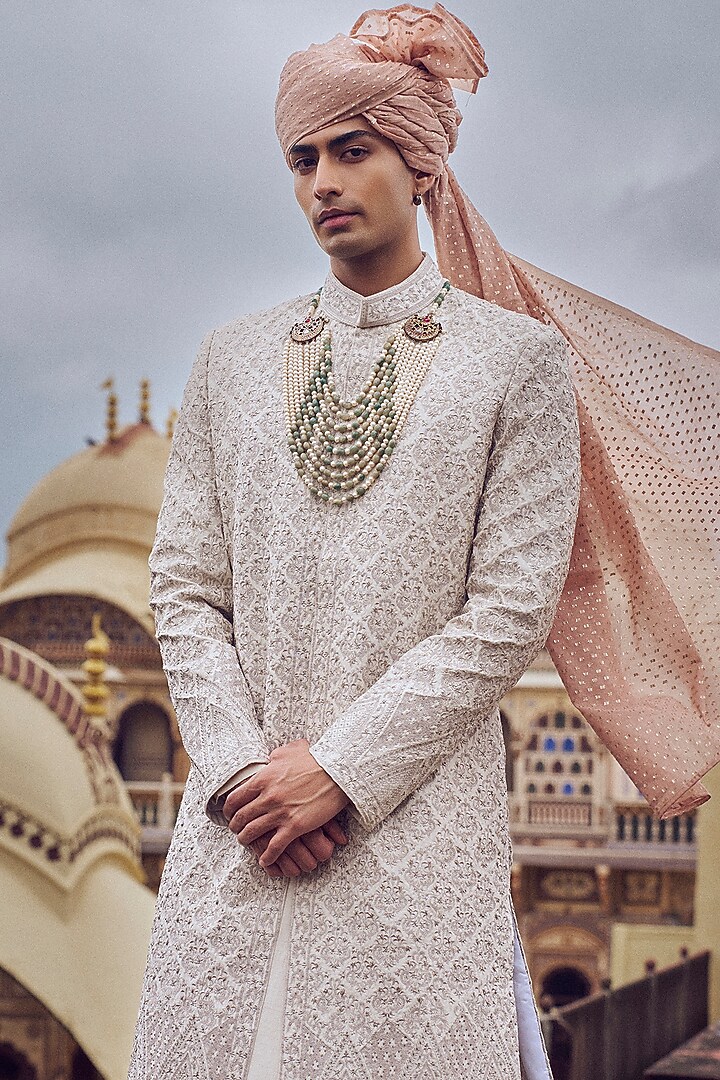 Nude Raw Silk Zari Work & Dabka Embroidered Groom Sherwani Set by NITIKA GUJRAL MEN at Pernia's Pop Up Shop