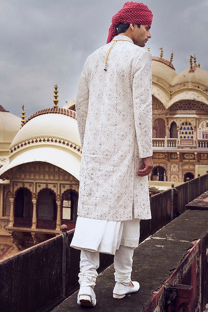 Ivory Raw Silk Resham & Dabka Embroidered Groom Sherwani Set by NITIKA GUJRAL MEN at Pernia's Pop Up Shop