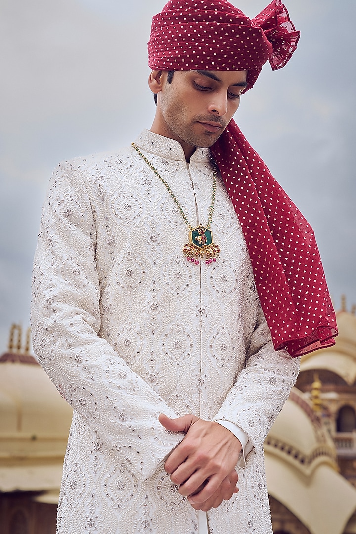 Ivory Raw Silk Resham & Dabka Embroidered Groom Sherwani Set by NITIKA GUJRAL MEN at Pernia's Pop Up Shop