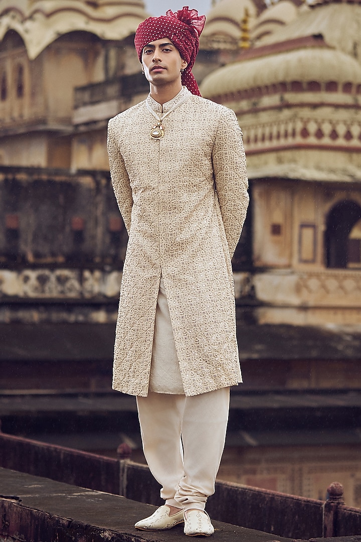 Light Beige Raw Silk Resham & Dabka Embroidered Sherwani Set by NITIKA GUJRAL MEN