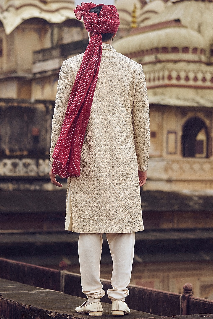 Light Beige Raw Silk Resham & Dabka Embroidered Groom Sherwani Set by NITIKA GUJRAL MEN at Pernia's Pop Up Shop