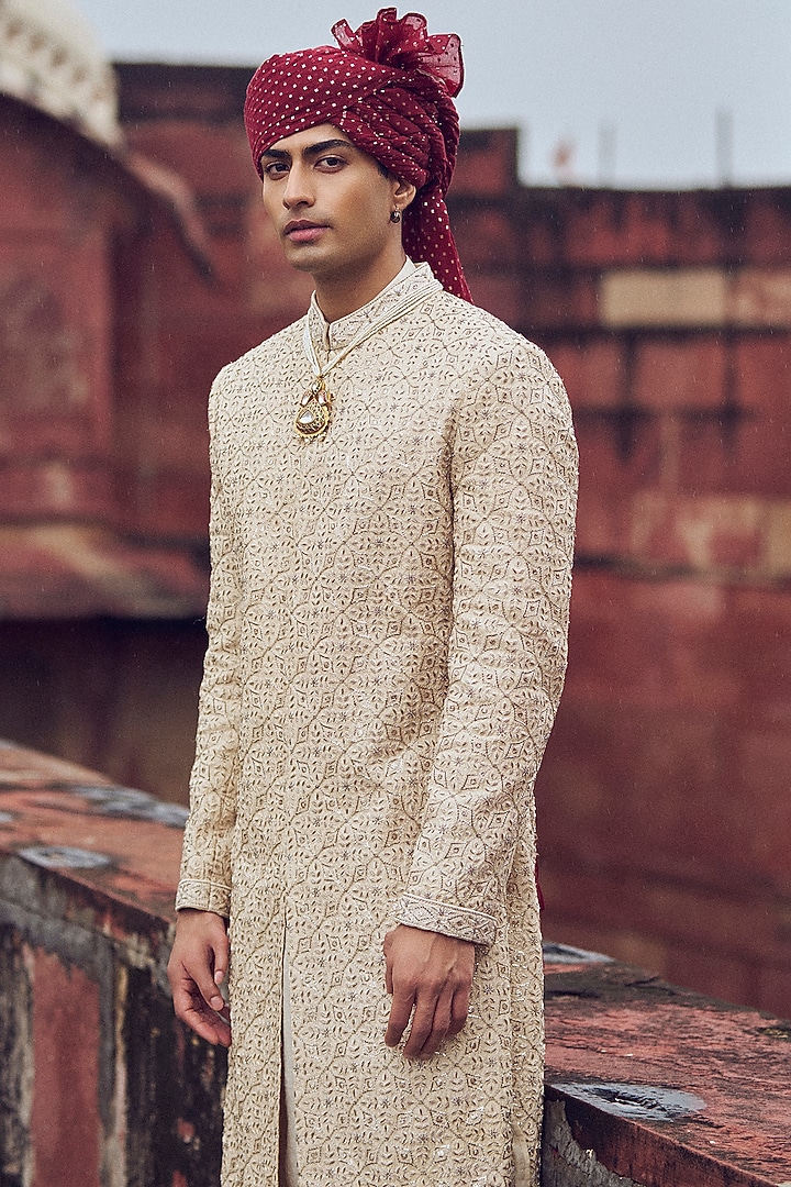 Light Beige Raw Silk Resham & Dabka Embroidered Groom Sherwani Set by NITIKA GUJRAL MEN at Pernia's Pop Up Shop