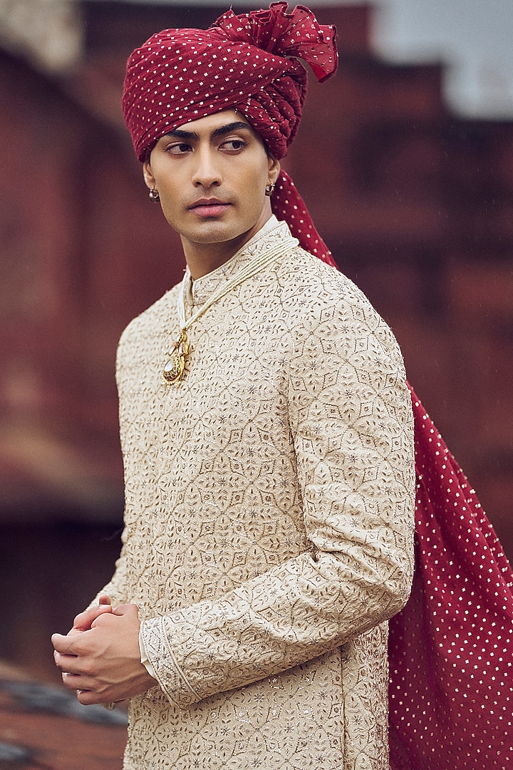 Light Beige Raw Silk Resham & Dabka Embroidered Groom Sherwani Set by NITIKA GUJRAL MEN at Pernia's Pop Up Shop